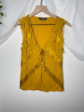 Mustard Yellow Silk Blend Sleeveless Ruffle Chevron Blouse